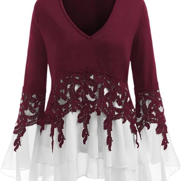 Cellabie Womens Red Lace Crochet V Neck Top with‎ White Flare Underlay Size 2XL - Picture 1 of 7